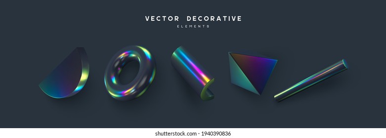 Set 3d render primitives  Realistic 3d sphere  torus  cone  cube  tube  Glossy holographic geometric shapes isolated dark background  Iridescent trendy design  thin film effect  Vector 