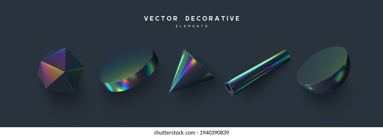 Set of 3d render primitives. Realistic 3d sphere, torus, cone, cube, tube. Glossy holographic geometric shapes isolated on dark background. Iridescent trendy design, thin film effect. Vector.