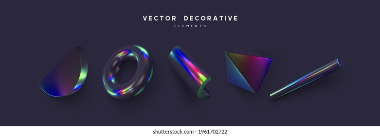 Set of 3d render primitives. Realistic 3d sphere, torus, cone, cube, tube. Glossy holographic geometric shapes isolated on dark background. Iridescent trendy design, thin film effect. Vector.