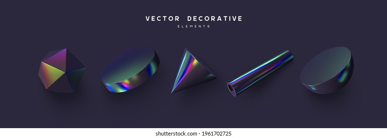 Set of 3d render primitives. Realistic 3d sphere, torus, cone, cube, tube. Glossy holographic geometric shapes isolated on dark background. Iridescent trendy design, thin film effect. Vector.