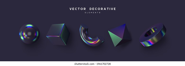 Set of 3d render primitives. Realistic 3d sphere, torus, cone, cube, tube. Glossy holographic geometric shapes isolated on dark background. Iridescent trendy design, thin film effect. Vector.