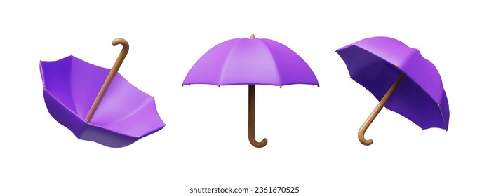 Set of 3D render purple umbrella. Vector illustration in clay plasticine style. Protection icon against sun, rain. Realistic parasol. Symbol of insurance. Meteorology weather handle season elements.