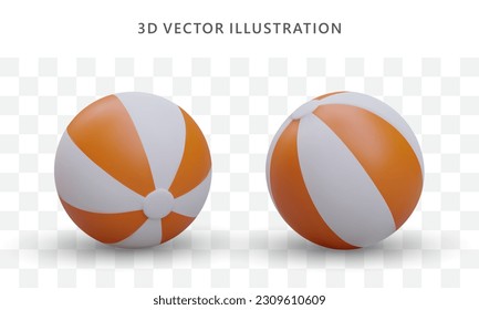 Set of 3d render realistic beach ball in different positions. Colored symbols of toys for selling company. Cartoon vector illustration in orange and white colors