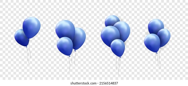 Set of 3d render realistic blue balloon with ribbon isolated on transparent background. Vector illustration