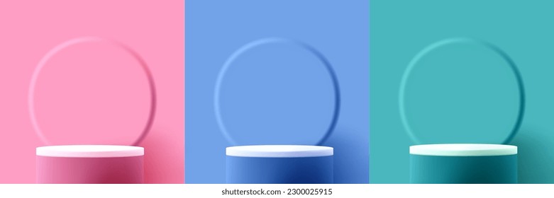 Juego de 3d representa el podio realista del cilindro. Fondo con círculo convexo y pedestal del mismo color con la parte superior blanca