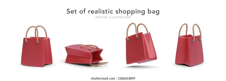 Set of 3d render realistic shopping bag isolated on white background. Vector illustration
