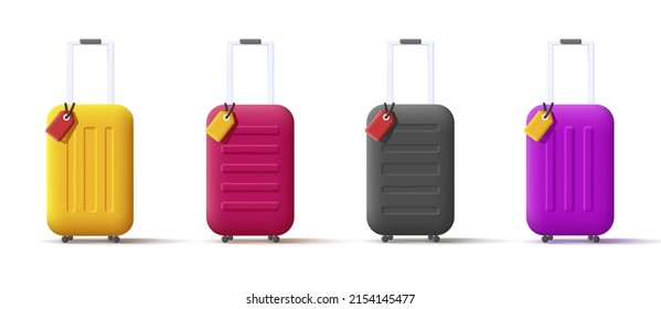 Set of 3d render style icons of travel bags with name labels in different colors. Vector illustration