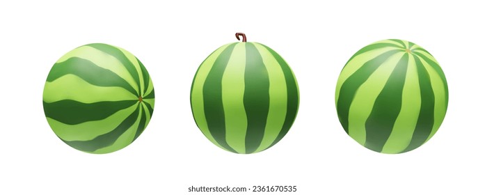 Set of 3D render watermelon. Realistic healthy berry. Vector illustration in clay style. Sweet ripe organic food for vegetarian. Juicy fresh snack in summer season. Tasty nutrition object in plastic