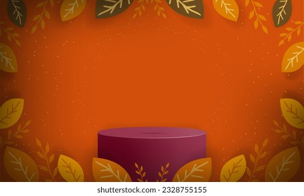 Set of 3D Rendered Podium in studio room for product display with decoration of leaves. Natural studio room with podium. Editable Vector Illustration. EPS 10.