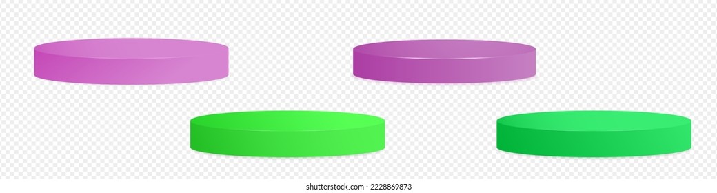 Set of 3d rendered podiums. Magenta, Lavender, Green, Bright Green 3d podium platforms. Vector Illustration EPS 10.