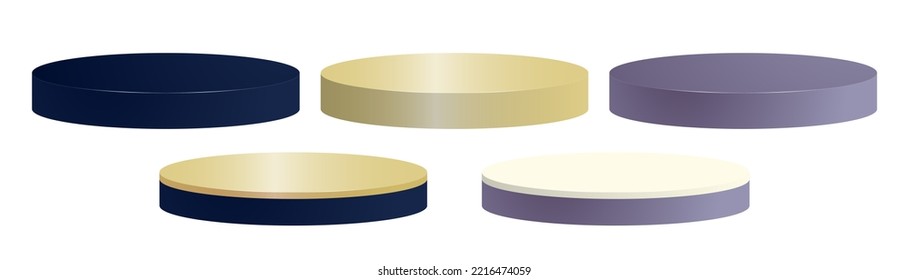 Set of 3d Rendered Podiums and two-layered platforms. Dark Blue, Gold, Eggplant. Two-layered dark blue and gold, two-layered eggplant and cream. Isolated. Vector Illustration. EPS 10.