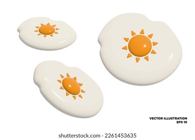 Set of 3D Rendered Sunny-side up eggs with the sun as the yolk on white background. Vector Illustration. EPS 10