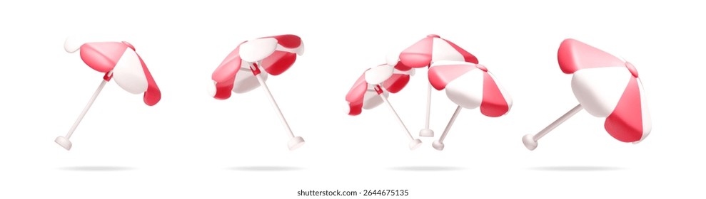 Set of 3d rendering beach umbrellas. Summer vacation and holiday parasol design element. Minimalist fun decoration for travel concept.
