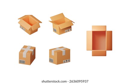 Conjunto de caixas de carga de renderização 3d com vários ângulos. Ilustração da caixa de transporte para o serviço de entrega e o banner da loja online.