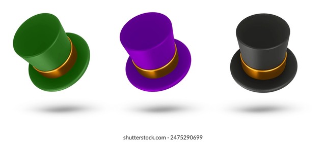 Set 3d rendering illustration of a Cylinder magic hat with golden ribbon. Vintage man fashion and magic show concept. Vector art isolated on white background