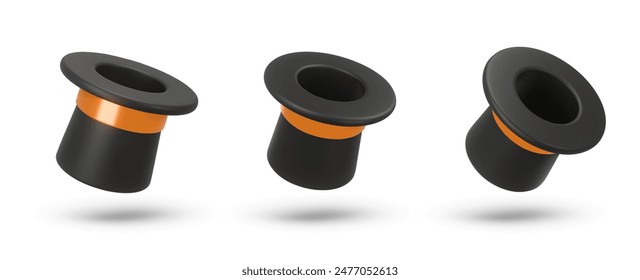 Set 3d rendering illustration of a Cylinder magic hat with golden ribbon. Vintage man fashion and magic show concept. Vector art isolated on white background