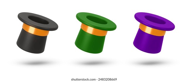 Set 3d rendering illustration of a Cylinder magic hat with golden ribbon. Vintage man fashion and magic show concept. Vector art isolated on white background