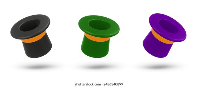 Set 3d rendering illustration of a Cylinder magic hat with golden ribbon. Vintage man fashion and magic show concept. Vector art isolated on white background