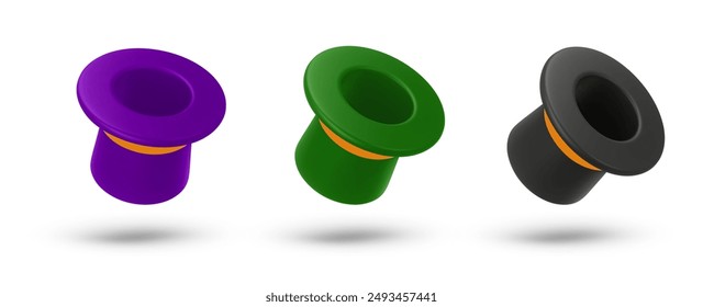 Set 3d rendering illustration of a Cylinder magic hat with golden ribbon. Vintage man fashion and magic show concept. Vector art isolated on white background