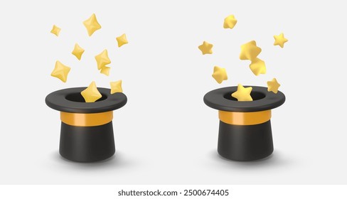 set 3d rendering illustration of a Cylinder magic hat with golden ribbon and fairytale yellow, golden stars around. Vintage man fashion and magic show concept. Vector art isolated on white