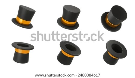 Set 3d rendering illustration of a Cylinder magic hat with golden ribbon. Vintage man fashion and magic show concept. Vector art isolated on white background