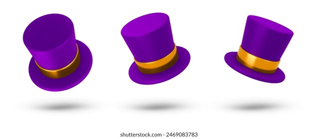 Set 3d rendering illustration of a purple Cylinder magic hat with golden ribbon. Vintage man fashion and magic show concept. Vector art isolated on white background