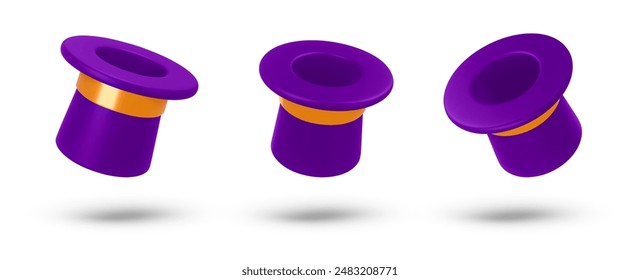 Set 3d rendering illustration of a purple Cylinder magic hat with golden ribbon. Vintage man fashion and magic show concept. Vector art isolated on white background