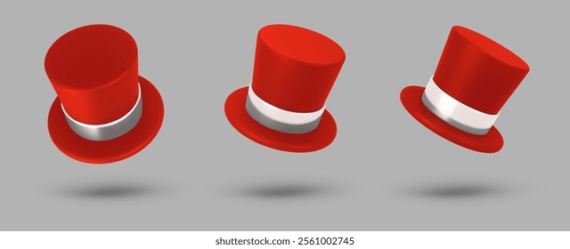 Set 3d rendering illustration of a red cylinder christmas hat with white ribbon. Vintage man fashion and magic show concept. Vector art isolated on gray background