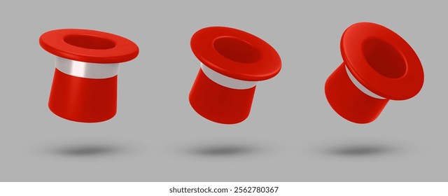 Set 3d rendering illustration of a red cylinder christmas hat with white ribbon. Vintage man fashion and magic show concept. Vector art isolated on gray background