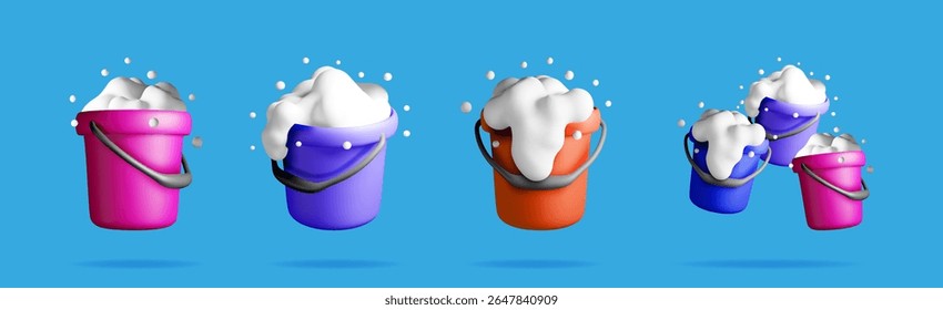 Set of 3d rendering multicolored buckets with white soapy foam and bubbles. Household cleaning concept for website.