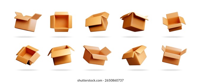Conjunto de renderização 3d caixa de entrega de papelão aberta. Parcela para maquete de transporte. Pacote de cartão marrom vazio para post ou presente no fundo branco.