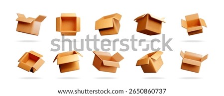 Set of 3d rendering open cardboard delivery box. Parcel for shipping mockup. Empty brown carton package for post or present on white background.