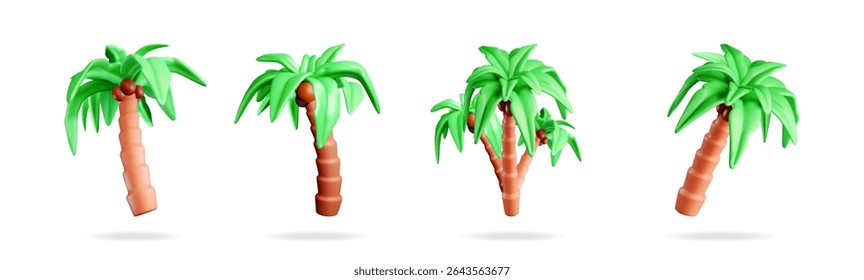 Set of 3d rendering tropical palm tree object. Summer vacation concept with green leaf. Paradise island journey design element.