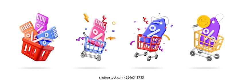 Un conjunto de vales de renderizado 3D y etiquetas de descuento en Carritos de compras y cestas. Concepto de compras y marketing para la tienda en línea.