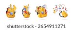 Set of 3d rendering yellow school backpack with school supplies for back to school and education concept.