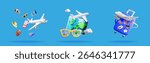 Set of 3D renderings featuring travel elements like airplanes, sunglasses, luggage, camera and world map for vacation and adventure theme.