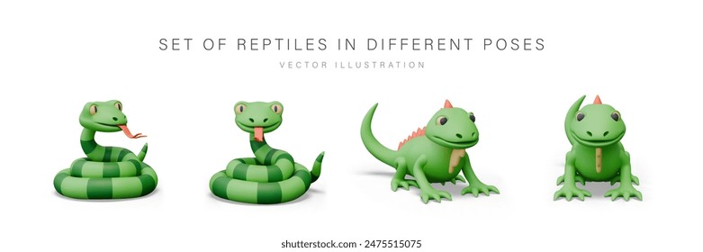 Set of 3D reptiles in different poses. Brown snake and green iguana