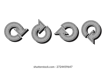 Un conjunto de flechas de semitono punteado de dirección circular de estilo retro 3d con sombras.