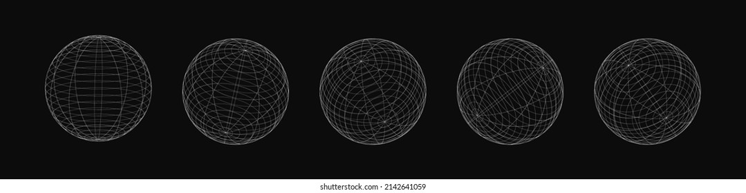 Set of 3d retrofuturistic spheres. Abstract retro wireframe shapes. Shapes for retro futuristic design. Vector illustration.