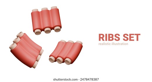 Set of 3D ribs with red meat. Portion pieces in different positions. Raw ingredients