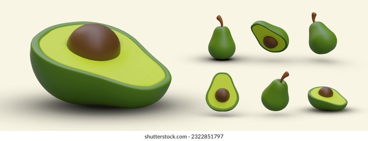 Set of 3D ripe avocados with pit. Whole fruit, cut, view from different sides. Green alligator pear with stem. Isolated vector image. Realistic avocado with shadows