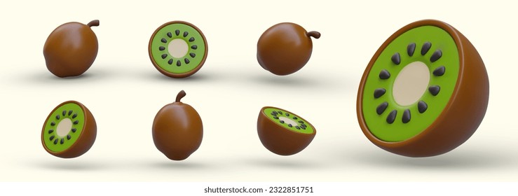 Set of 3D ripe kiwis. Whole and half fruits. Volumetric color illustrations from different sides. Vector tropical fruits on light background with shadows. Sweet juicy organic food