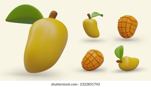 Set of 3D ripe mangoes. Fruits are whole, peeled, cut and dice. Natural dessert served. Juicy fresh tropical delicacy. Natural sweets. Modern vector illustration