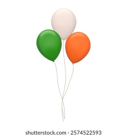 Set of 3D round balloons in colors of Irish flag. Green, white, orange. 3D vector illustration Isolated on white. Design elements for St. Patrick's Day, Ireland Independence Day