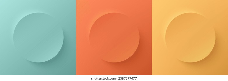 Set of 3D round circle board frames pastel background in green blue, orange and yellow color. Abstract pedestal minimal scene product display in top view design. Geometric design with copy space.