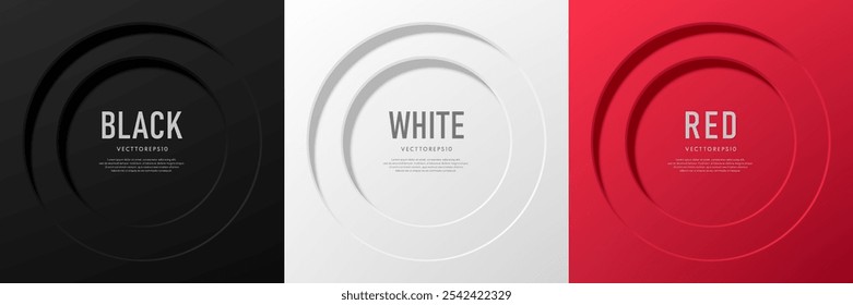 Set of 3d round circle window in red, black and silver white abstract background with copy space. Simple and minimalist circle template banner design. Modern futuristic concept. Vector illustration.