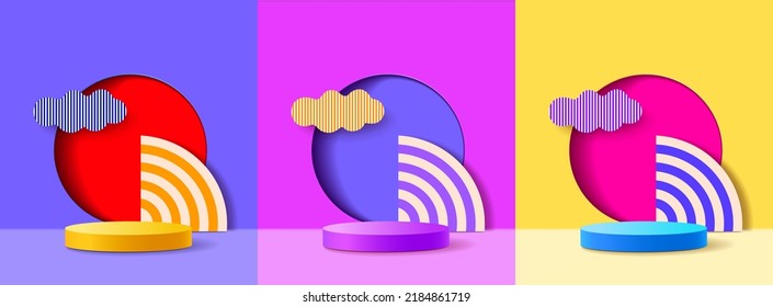 Set of 3D round frame on background. Abstract circle podium for product display or copy space. Collection of geometric background. Vector illustration.