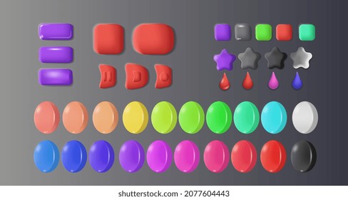 Conjunto de botones web de formas redondeadas, cuadradas y alargadas en 3d En posición presionada y no presionada, aislada en fondo gris