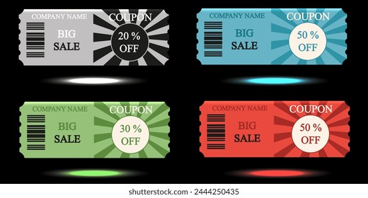 Set of 3D Sale Coupon isolated black background. 3D Voucher in trendy Retro circus tent style. Vector illustration can used web Sale design. Fair template element.  