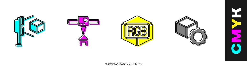 Set 3D scanner with cube, printer house, RGB and CMYK color mixing and Isometric icon. Vector